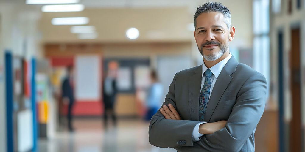 school principal standing in hallway